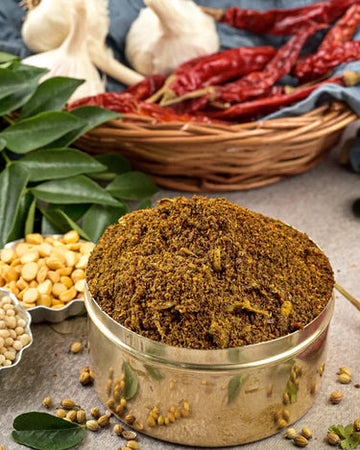 Tenali style Karivepaku Karam curry leaf podi from Guntur Andhra kitchens - authentic Telugu curry leaf powder