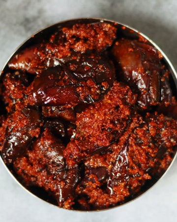 Authentic Vankaya Avakaya Andhra brinjal pickle with traditional Telugu rice and ghee, Tenali Ruchulu